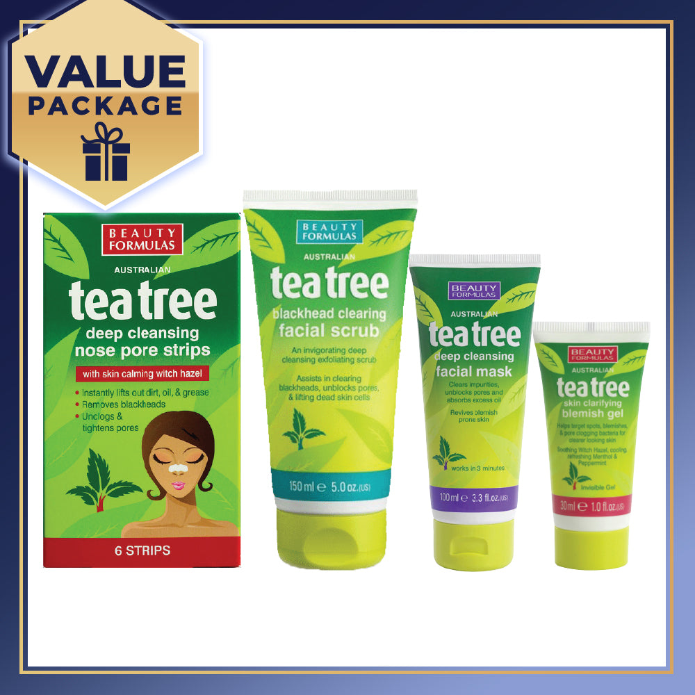 Beauty Formulas Tea Tree Nose Pore Strips 6s + Deep Cleansing Facial Mask 100ml + Blackhead clearing Facial Scrub 150ml + Skin Clarifying Blemish Gel 30ml