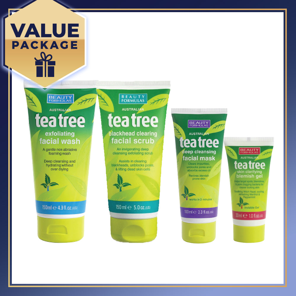 Beauty Formulas Tea Tree Deep Cleansing Facial Mask 100ml + Exfoliating Facial Wash 150ml + Blackhead clearing Facial Scrub 150ml + Skin Clarifying Blemish Gel  30ml