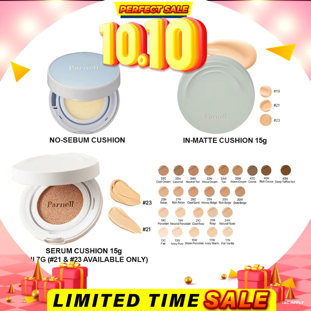 Parnell Glacial Biome Water No-Sebum Cushion 10g / Cicamanu Serum Cushion 15g (27 shades) / In-Matte 15g (3 shades)