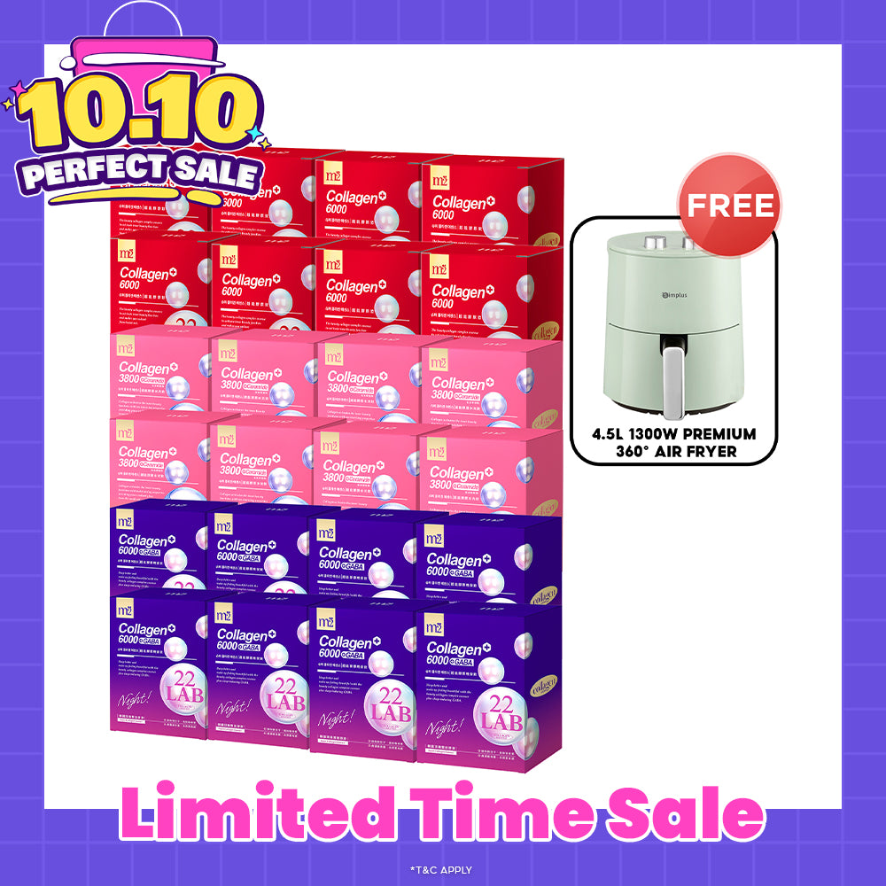 M2 22Lab Super Collagen Drink (6000mg 8s / Night + Gaba 8s / 3800+Ceramide 8s / 3800+Pearl Nest 8s) x 24 Boxes + FREE 4.5L 1300W Premium 360° Air Fryer × 1