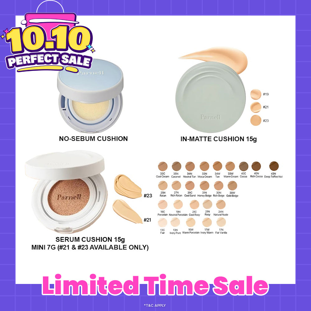 Parnell Glacial Biome Water No-Sebum Cushion 10g / Cicamanu Serum Cushion 15g (27 shades) / In-Matte 15g (3 shades)