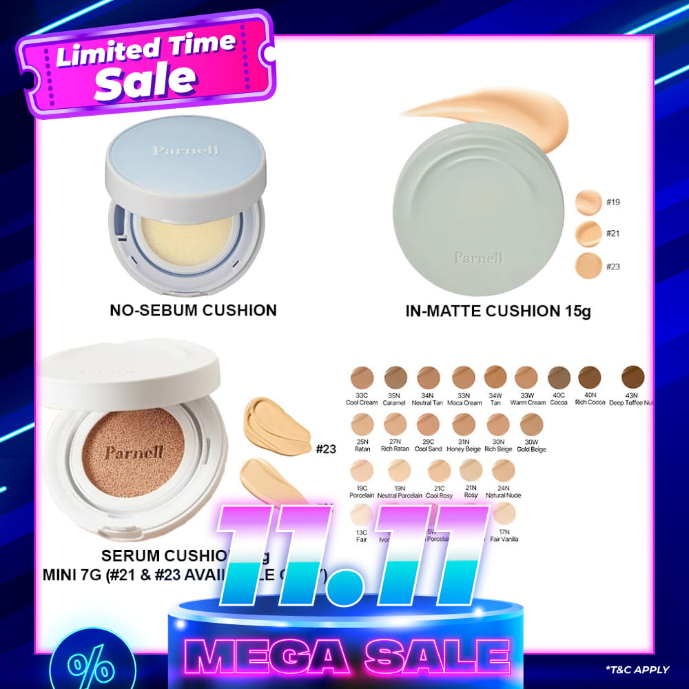 Parnell Glacial Biome Water No-Sebum Cushion 10g / Cicamanu Serum Cushion 15g (27 shades) / In-Matte 15g (3 shades)