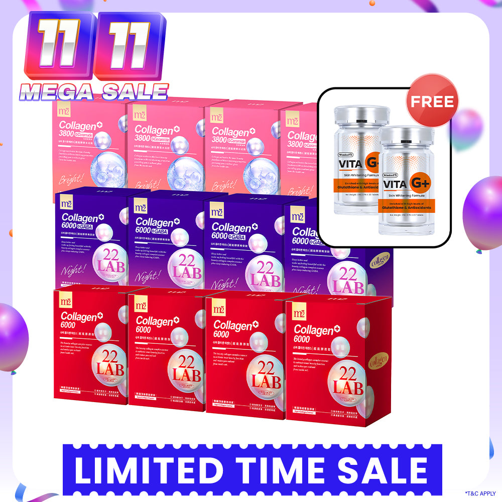 M2 22Lab Super Collagen Drink (6000mg 8s / Night + Gaba 8s / 3800+Ceramide 8s / 3800+Pearl Nest 8s) x 12 Boxes + FREE Wonderfit Vita G+ 30s x 2