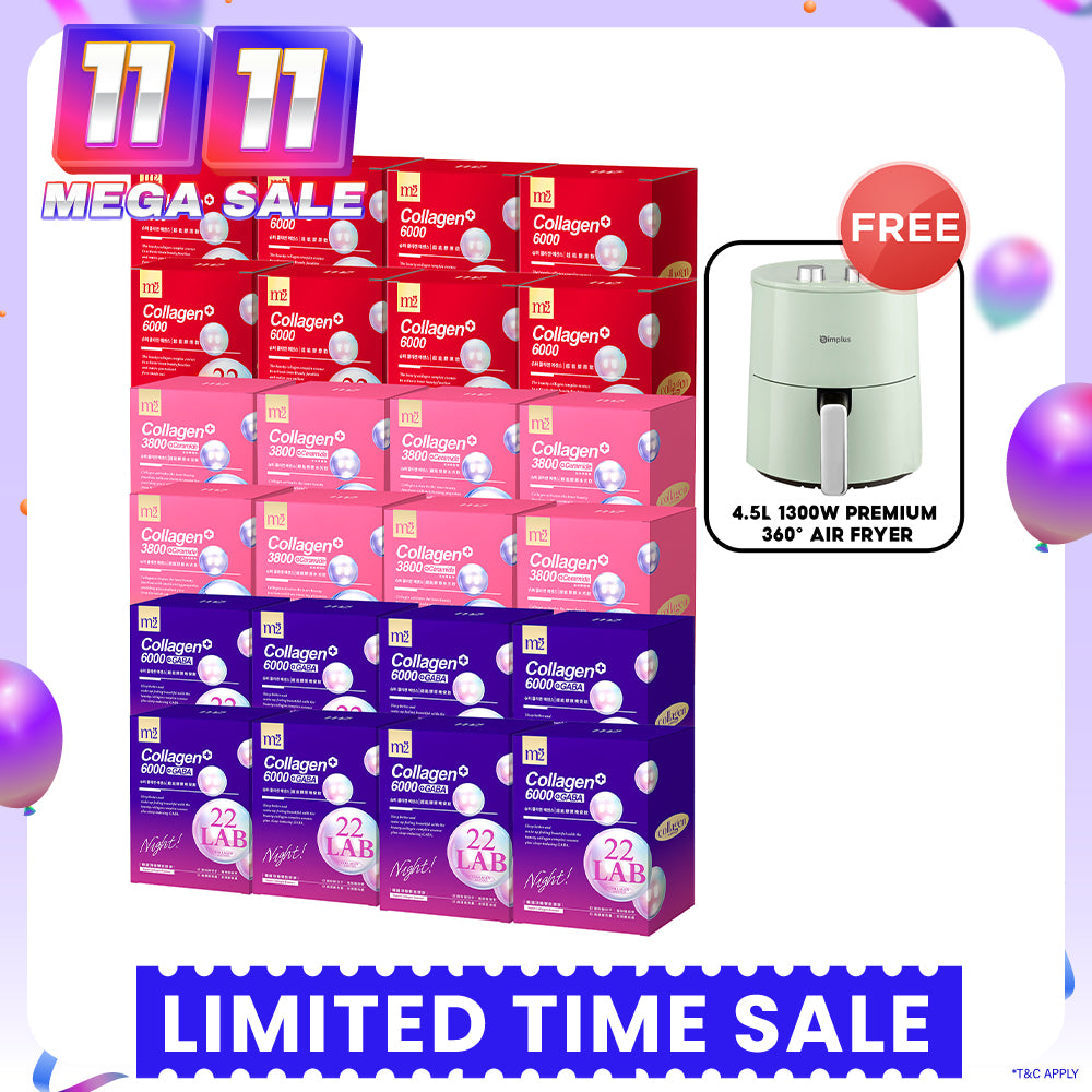 M2 22Lab Super Collagen Drink (6000mg 8s / Night + Gaba 8s / 3800+Ceramide 8s / 3800+Pearl Nest 8s) x 24 Boxes + FREE 4.5L 1300W Premium 360° Air Fryer × 1