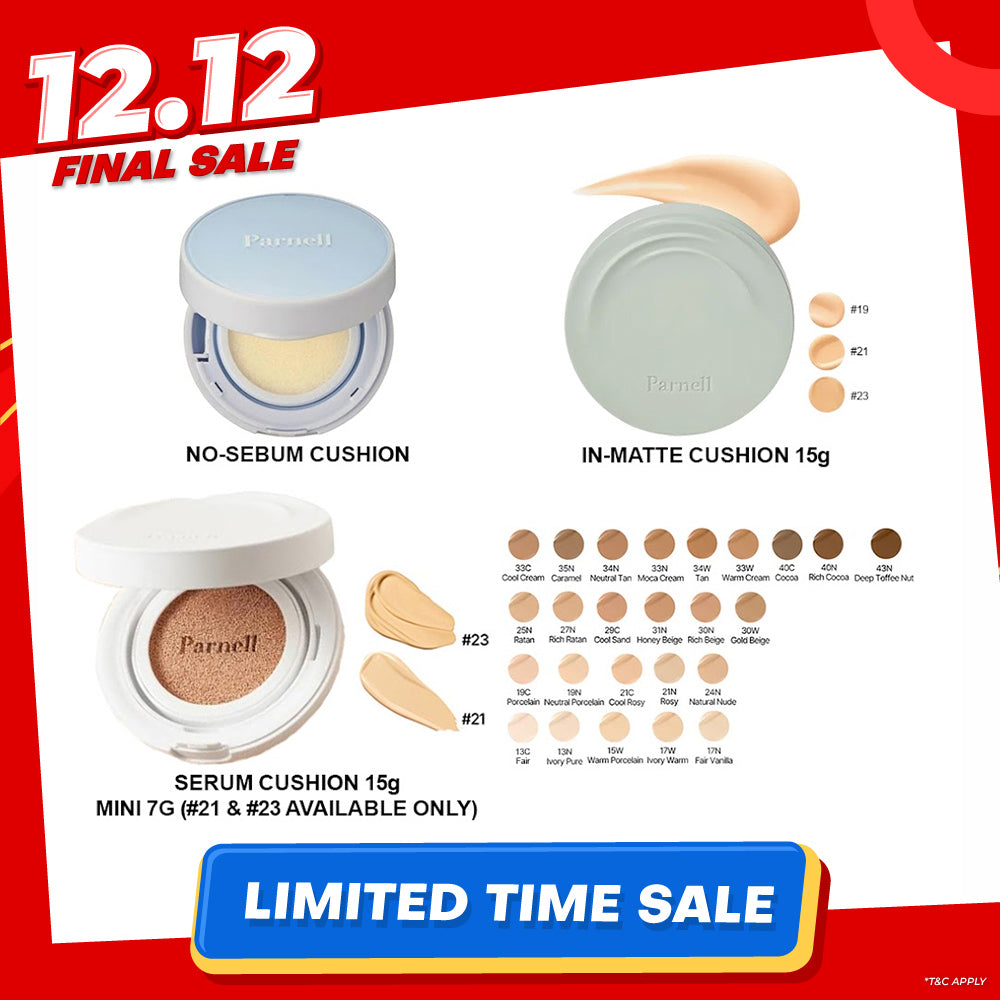 Parnell Glacial Biome Water No-Sebum Cushion 10g / Cicamanu Serum Cushion 15g (27 shades) / In-Matte 15g (3 shades)