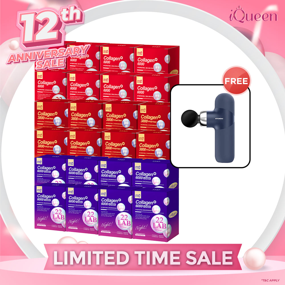 M2 22Lab Super Collagen Drink (6000mg 8s / Night + Gaba 8s / 3800+Pearl Nest 8s) x 24 Boxes + Free Hyundai PMS-019 Mini Massage Gun