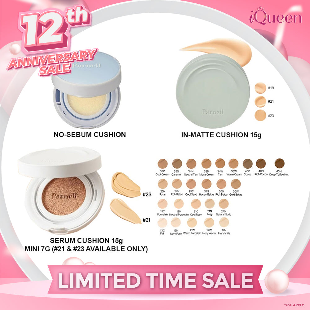 Parnell Glacial Biome Water No-Sebum Cushion 10g / Cicamanu Serum Cushion 15g (27 shades) / In-Matte 15g (3 shades)