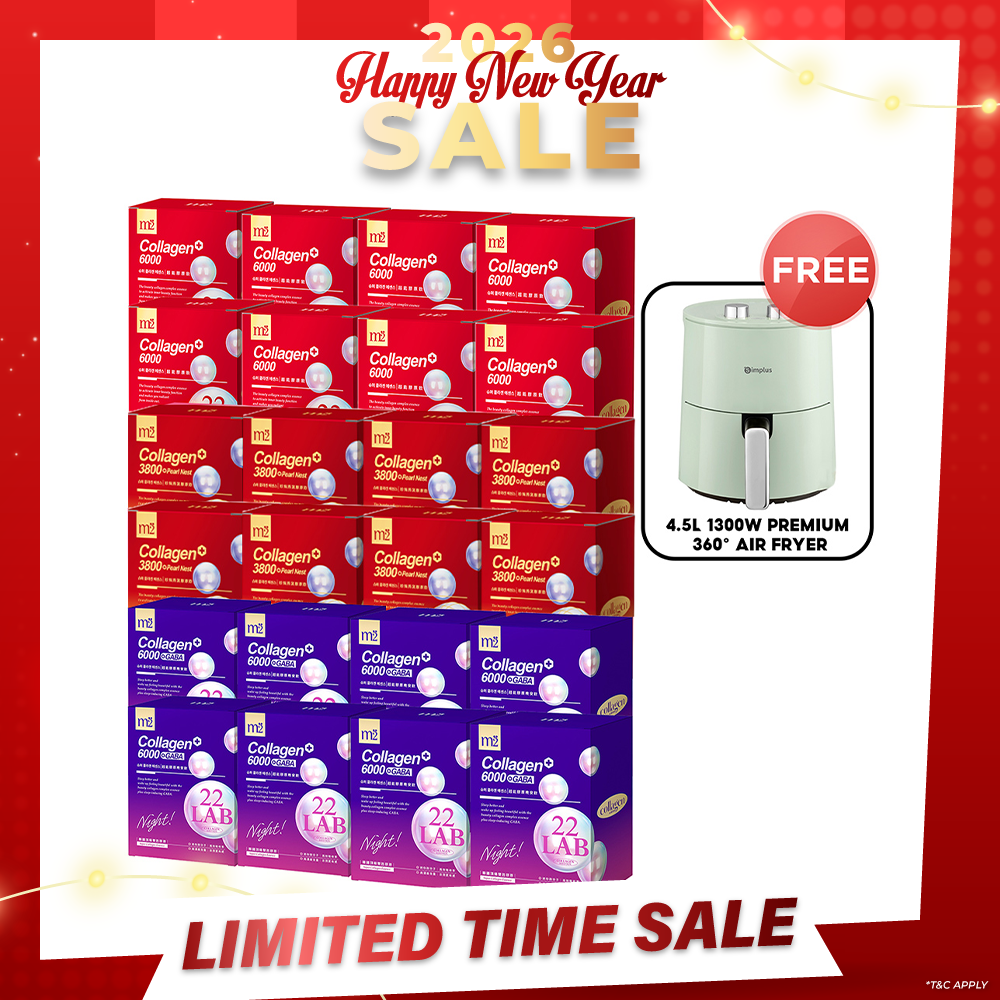 M2 22Lab Super Collagen Drink (6000mg 8s / Night + Gaba 8s / 3800+Pearl Nest 8s) x 24 Boxes + FREE 4.5L 1300W Premium 360° Air Fryer × 1