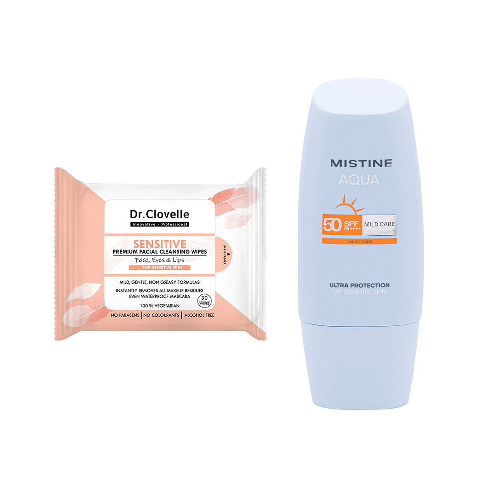🎁 【Gift】Dr Clovelle Sensitive Premium Facial Cleansing Wipes 30s + Mistine Aqua Base Ultra Protection Mild Care Facial Sunscreen Cream SPF50 PA++++ (100% off)