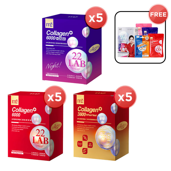 【Bundle Of 5】M2 22Lab Super Collagen Drink 8s (6000mg Drink 8s / Drink+GABA 8s / 3800 +Pearl Nest 8s) + FREE M2 Slim+ Booster EX x 6 tablets + Firm ABS EX x 6 tablets + FREE Collagen Drink Trial Set 3s/set