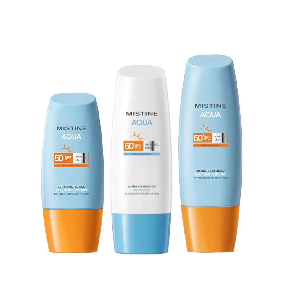 【Bundle of 3】Mistine Aqua Base Ultra Protection Matte & Light Daily Face Sunscreen Pro SPF50+ PA++++ 40ml + Matte & Light Daily Face Sunscreen Pro SPF50+ PA++++ 90ml 90ml + Hydrate & Bright Sunscreen SPF50+ PA+++ 70ml