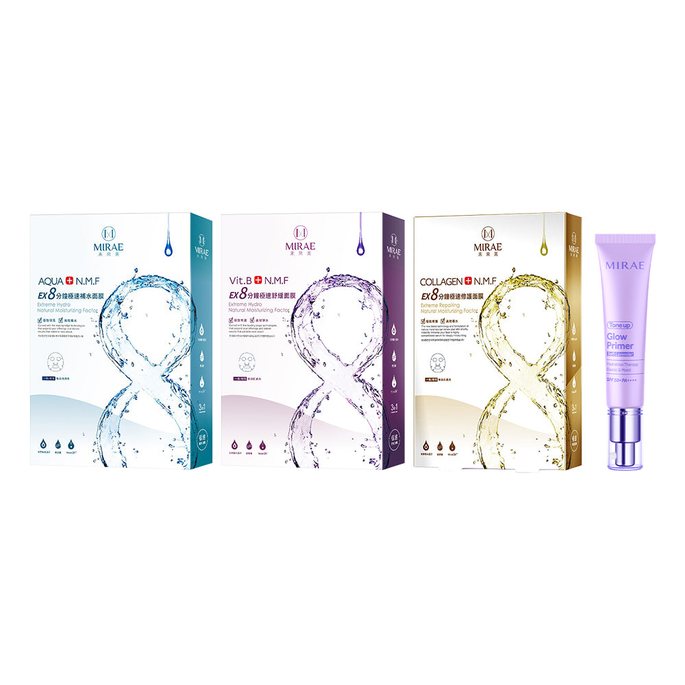 MIRAE Ex8 Minutes Hydrating Mask 5s + Soothing Mask 5s + Repairing Mask 5s + Tone Up Glow Primer Soft Lavender 30m
