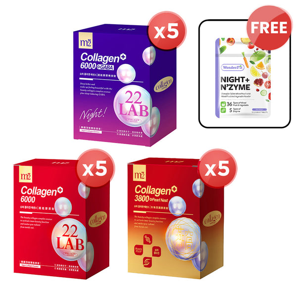 【Bundle Of 5】M2 22Lab Super Collagen Drink 8s (6000mg Drink 8s / Drink+GABA 8s / 3800 +Pearl Nest 8s) + FREE Wonderfit Night + N'zyme 7 Days Trial Pack 7 Tablets