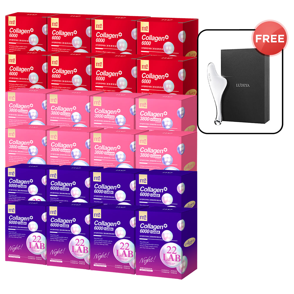 【Bundle of 24】M2 22Lab Super Collagen Drink (6000mg 8s / Night + Gaba 8s / 3800 + Ceramide / 3800+Pearl Nest 8s) x 24 Boxes + Free Ludeya Microcurrent Lifting Massaging Poller × 1