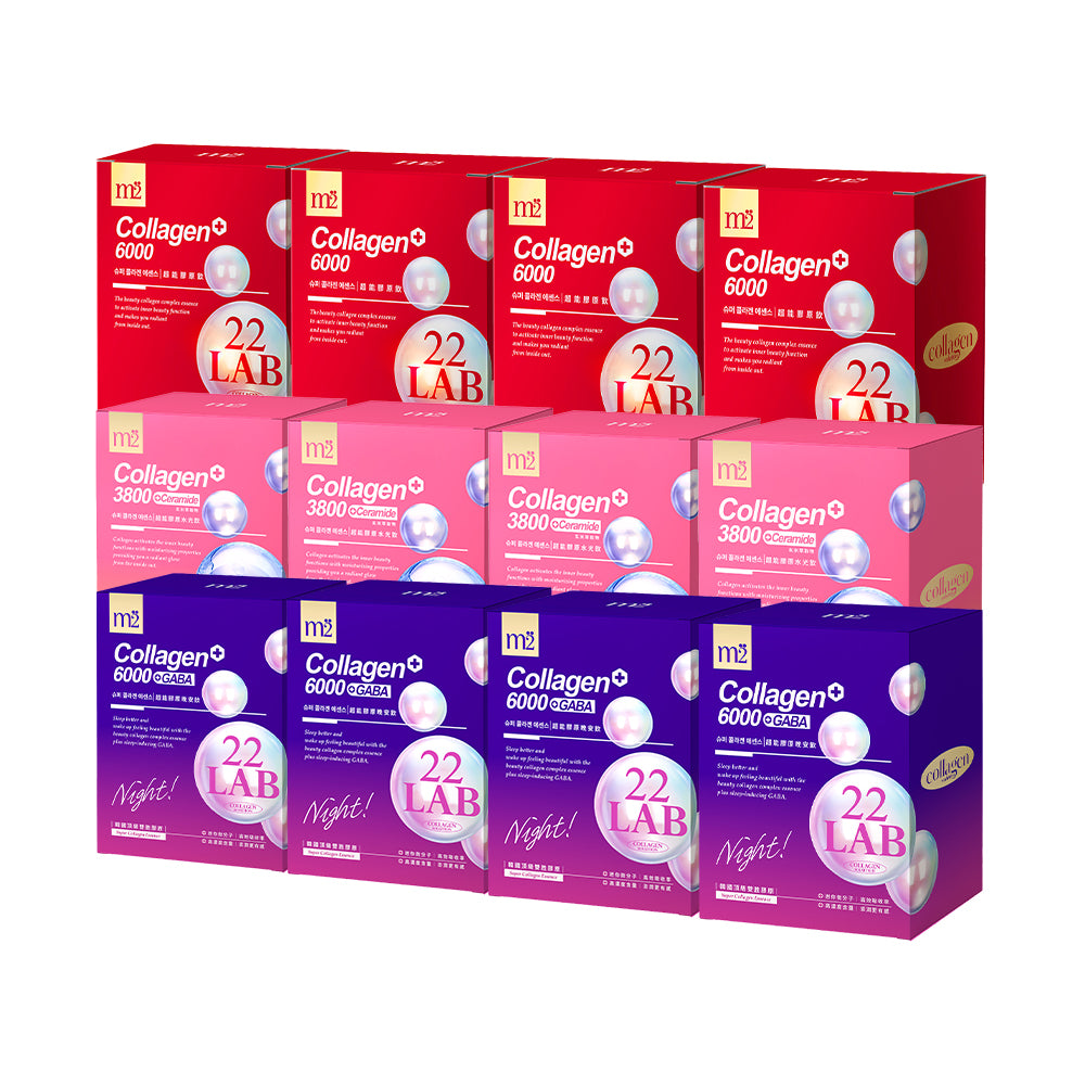 【Bundle of 12】M2 22Lab Super Collagen Drink (6000mg 8s / Night + Gaba 8s / 3800 + Ceramide / 3800+Pearl Nest 8s) x 12 Boxes