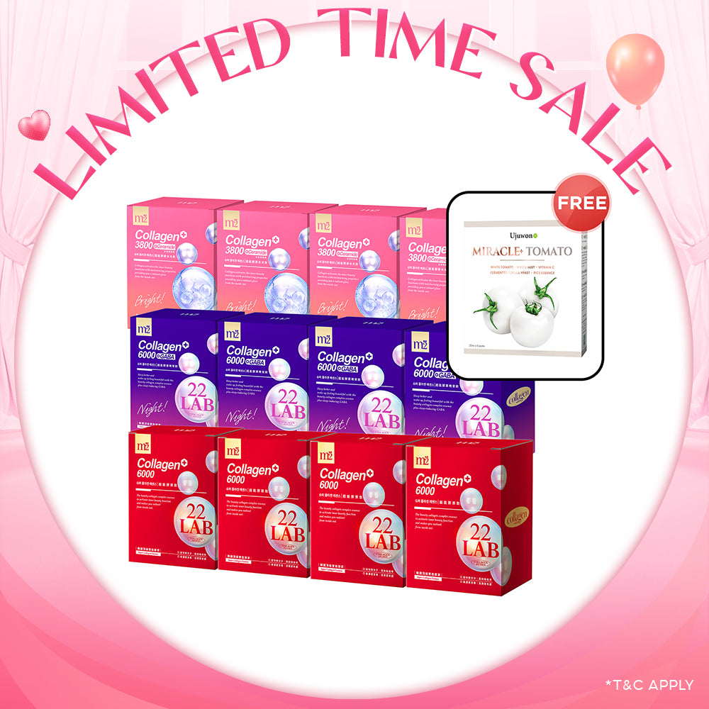 M2 22Lab Super Collagen Drink 8s x 4 Boxes + M2 22 Lab Super Collagen Night Drink + GABA 8s x 4 Boxes + M2 Super Collagen 3800 + Ceramide Drink 8s x 4 Boxes + Free Ujuwon Miracle+ Tomato Skin Booster x 1 Box