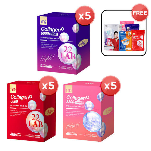 【Bundle Of 5】M2 22Lab Super Collagen Drink 8s (6000mg Drink 8s / Drink+GABA 8s / 3800 + Ceramide Drink 8s) + FREE M2 Slim+ Booster EX x 6 tablets + Firm ABS EX x 6 tablets + FREE Collagen Drink Trial Set