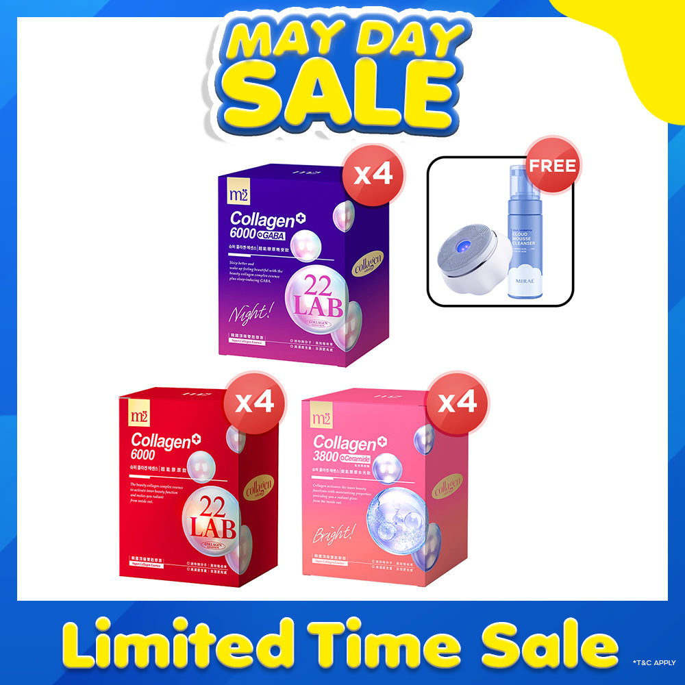 【Bundle Of 4】M2 22Lab Super Collagen Drink 8s (6000mg Drink 8s / Drink+GABA 8s / 3800 + Ceramide Drink 8s) + Mirae Cloud Smart Sonic Facial Cleansing Device + Cleansing Mousse 150ml