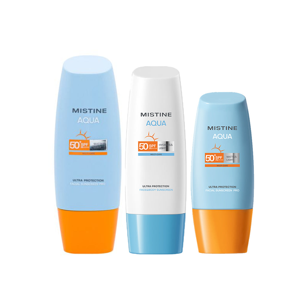 【Bundle of 3】Mistine Aqua Base Ultra Protection Matte & Light Facial Sunscreen Pro SPF50 PA ++++ 40ml+ Hydrating Face&Body Sunscreen SPF50 PA++++ 70ml + Matte & Light Facial Sunscreen Pro SPF50 PA ++++ 90ml