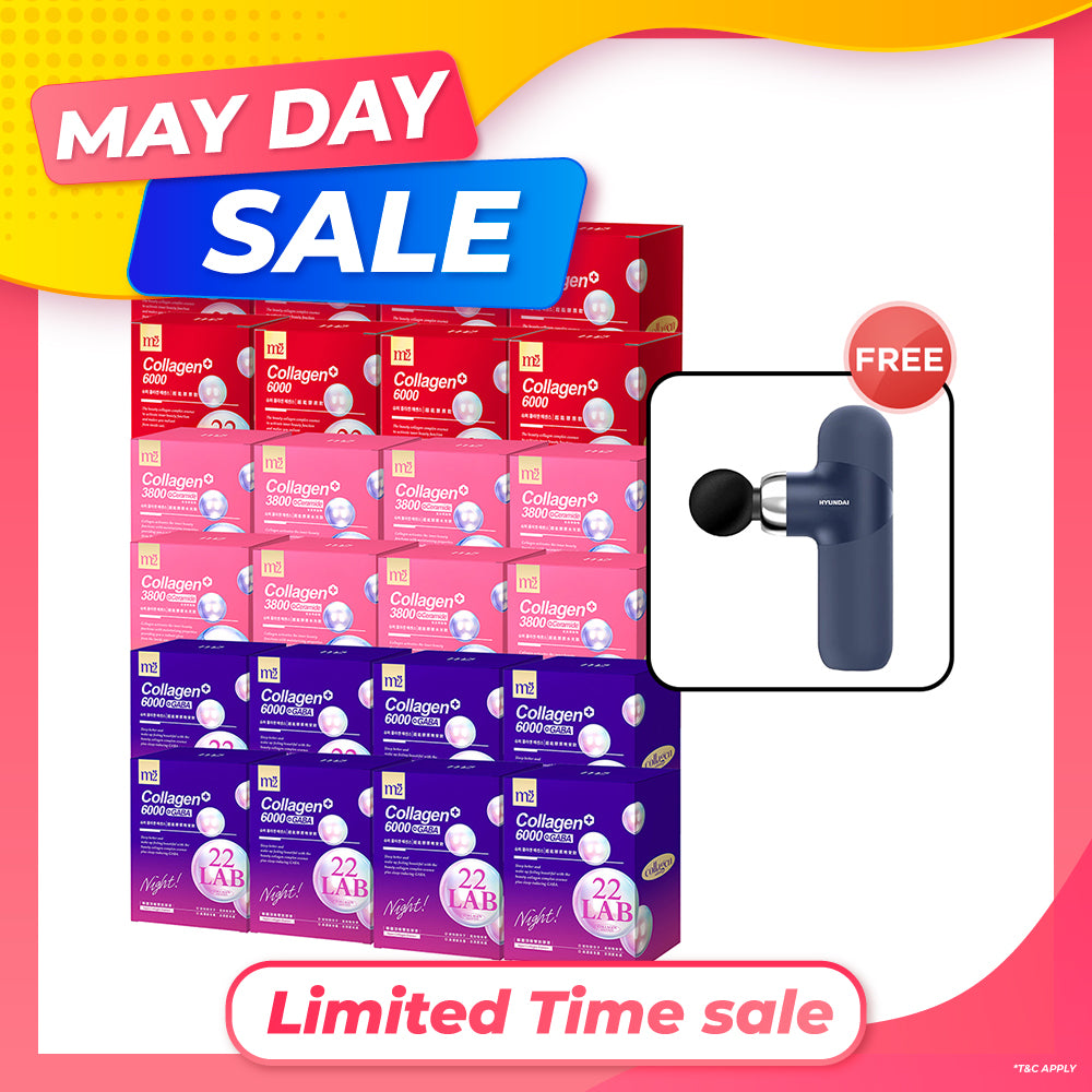 【Bundle of 24】M2 22Lab Super Collagen Drink (6000mg 8s / Night + Gaba 8s / 3800 + Ceramide / 3800+Pearl Nest 8s) x 24 Boxes + Free Hyundai PMS-019 Mini Massage Gun