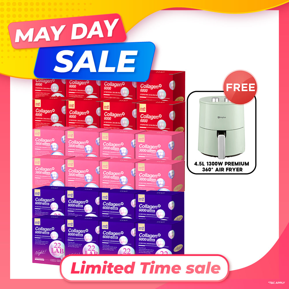 【Bundle of 24】M2 22Lab Super Collagen Drink (6000mg 8s / Night + Gaba 8s / 3800 + Ceramide / 3800+Pearl Nest 8s) x 24 Boxes + FREE 4.5L 1300W Premium 360° Air Fryer × 1