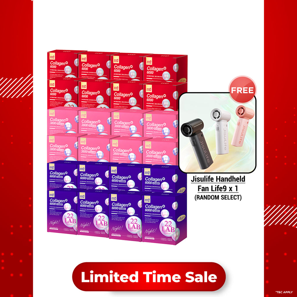【Bundle of 24】M2 22Lab Super Collagen Drink (6000mg 8s / Night + Gaba 8s / 3800 + Ceramide / 3800+Pearl Nest 8s) x 24 Boxes + Free Jisulife Handheld Fan Life9 x 1 (Random Select)