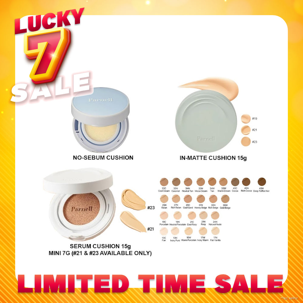 Parnell Glacial Biome Water No-Sebum Cushion 10g / Cicamanu Serum Cushion 15g (27 shades) / In-Matte 15g (3 shades)