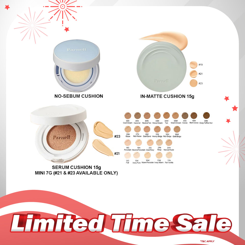 Parnell Glacial Biome Water No-Sebum Cushion 10g / Cicamanu Serum Cushion 15g (27 shades) / In-Matte 15g (3 shades)
