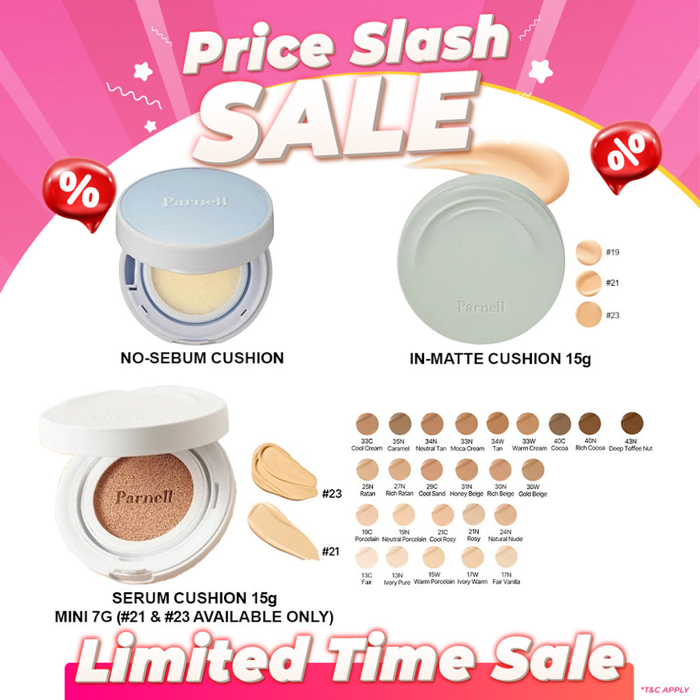 Parnell Glacial Biome Water No-Sebum Cushion 10g / Cicamanu Serum Cushion 15g (27 shades) / In-Matte 15g (3 shades)
