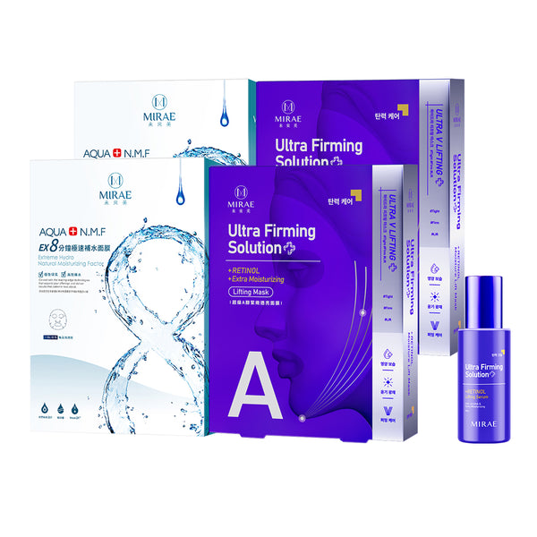 Mirae Ultra Firming Solution + Retinol Serum 30ml + Moisture Lift Mask 3s x 2 Boxes + Ex8 Minutes Hydrating Mask 5s x 2 Boxes