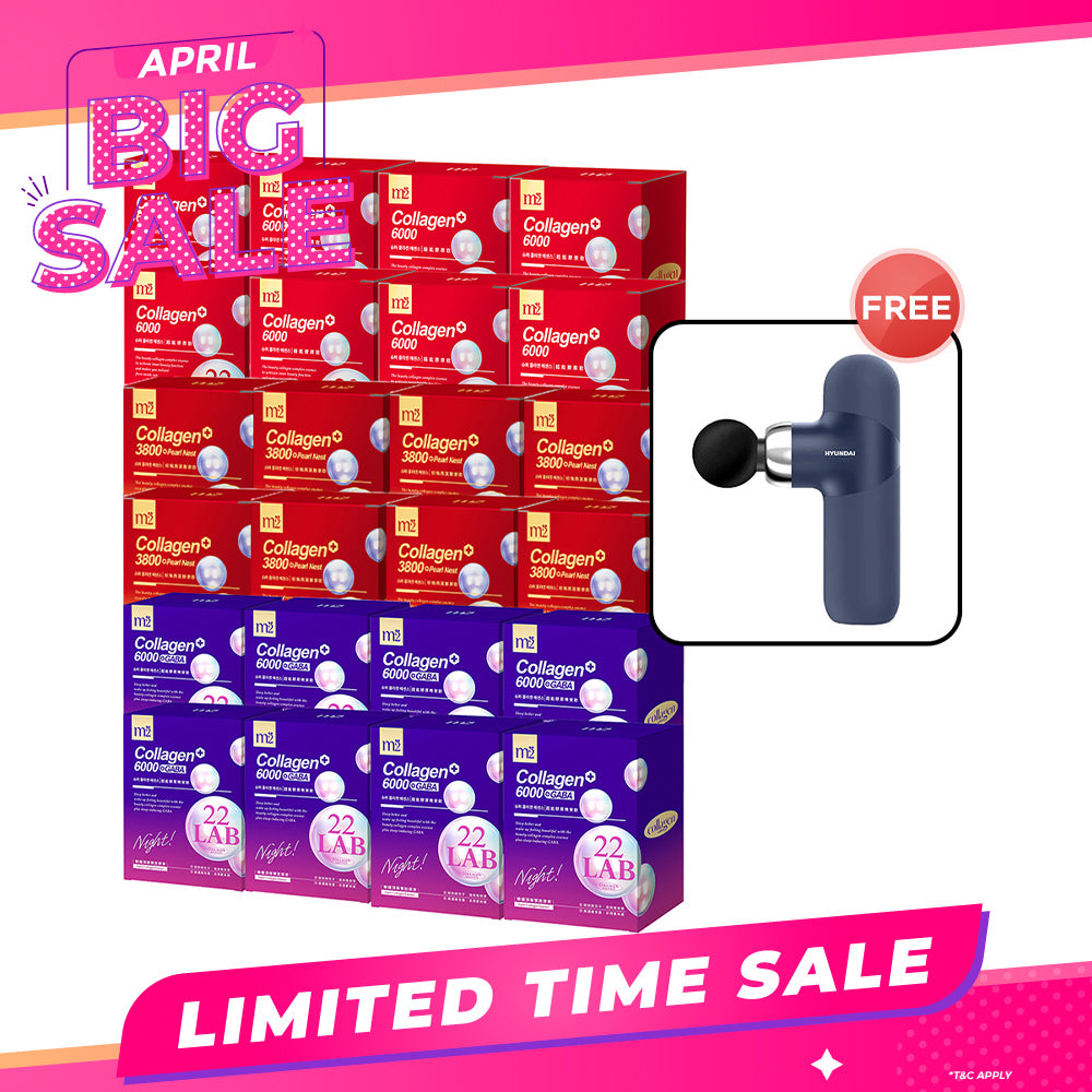 M2 22Lab Super Collagen Drink (6000mg 8s / Night + Gaba 8s / 3800+Pearl Nest 8s) x 24 Boxes + Free Hyundai PMS-019 Mini Massage Gun