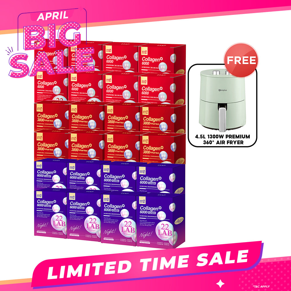 【Bundle of 24】M2 22Lab Super Collagen Drink (6000mg 8s / Night + Gaba 8s / 3800+Pearl Nest 8s) x 24 Boxes + FREE 4.5L 1300W Premium 360° Air Fryer × 1
