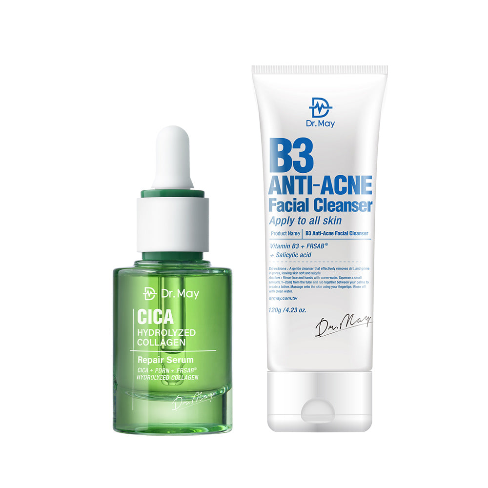 Dr May CICA Hydrolyzed Collagen Repair Serum 30ml + B3 Anti-Acne Facial Cleanser 120ml
