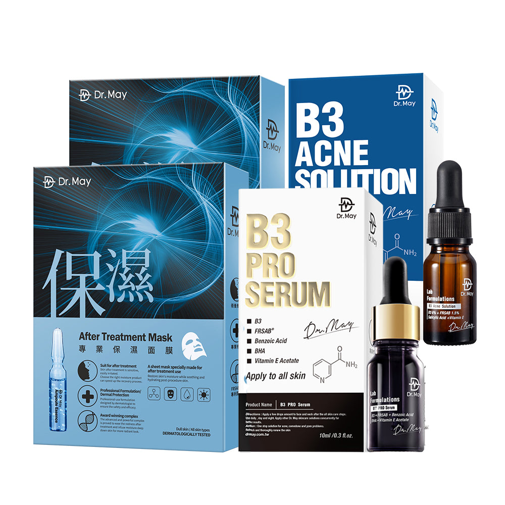 Dr May B3 Pro Serum 10ml + B3 Acne Solution Serum 10ml + After Treatment Professional Moisturizing Mask 4s x 2 Boxes