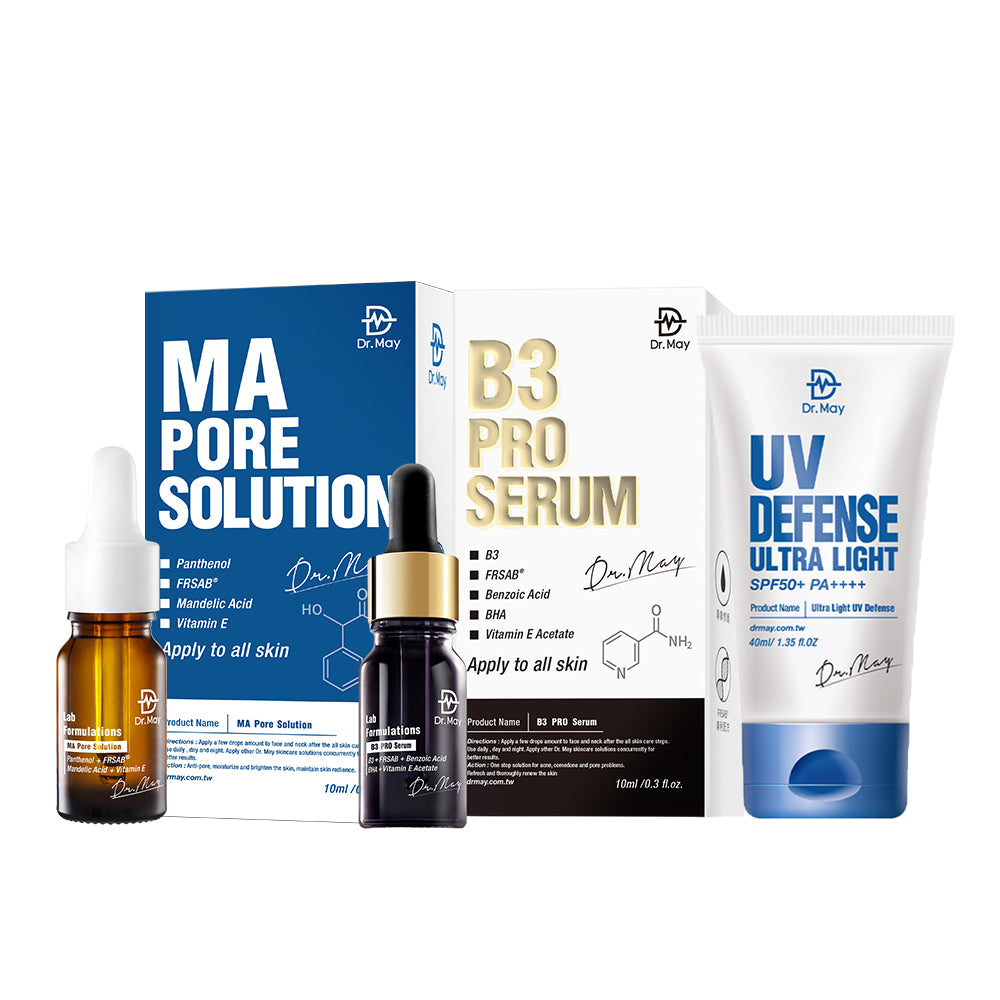 Dr May B3 Pro Serum 10ml + MA Pore Solution Smart Mandelic Acid Rejuvenating Essence 10ml + Ultra Light UV Defense SPF50+ PA++++ 40ml