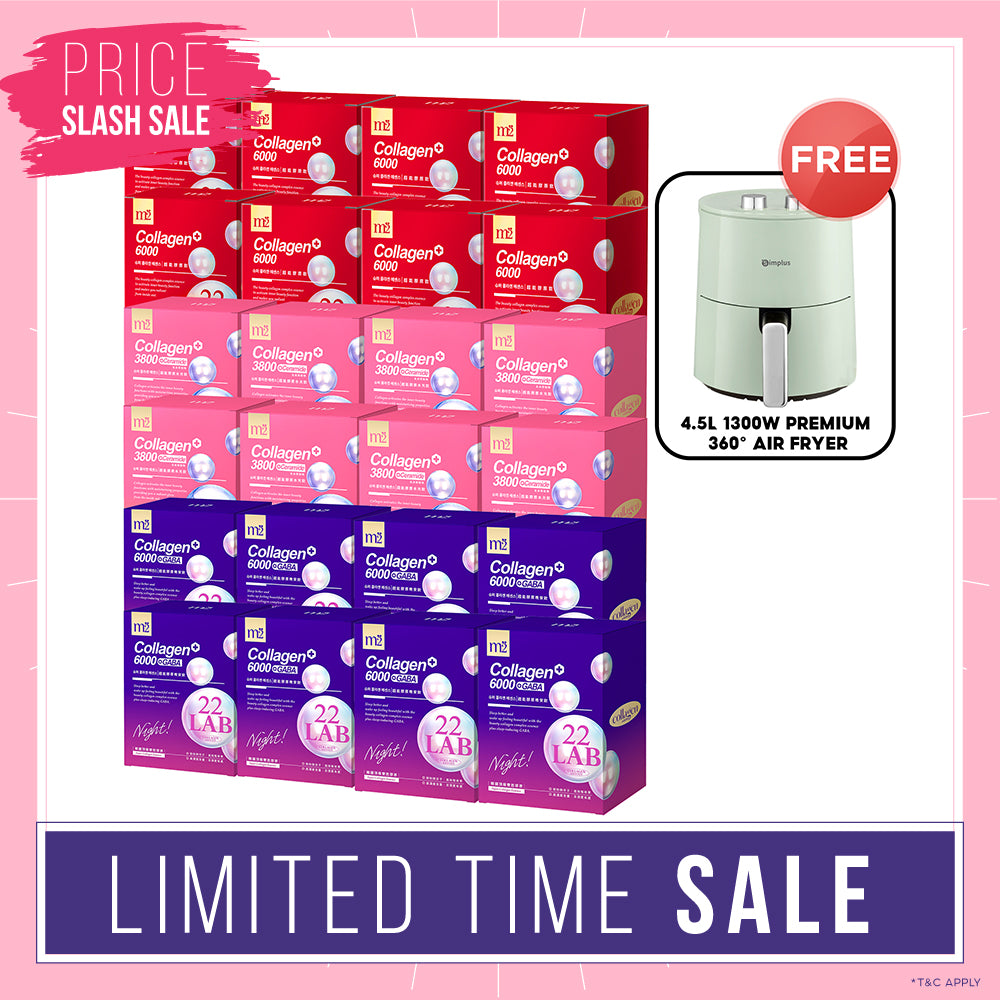 M2 22Lab Super Collagen Drink (6000mg 8s / Night + Gaba 8s / 3800+Ceramide 8s / 3800+Pearl Nest 8s) x 24 Boxes + FREE 4.5L 1300W Premium 360° Air Fryer × 1