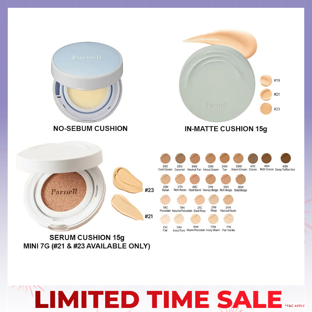 Parnell Glacial Biome Water No-Sebum Cushion 10g / Cicamanu Serum Cushion 15g (27 shades) / In-Matte 15g (3 shades)