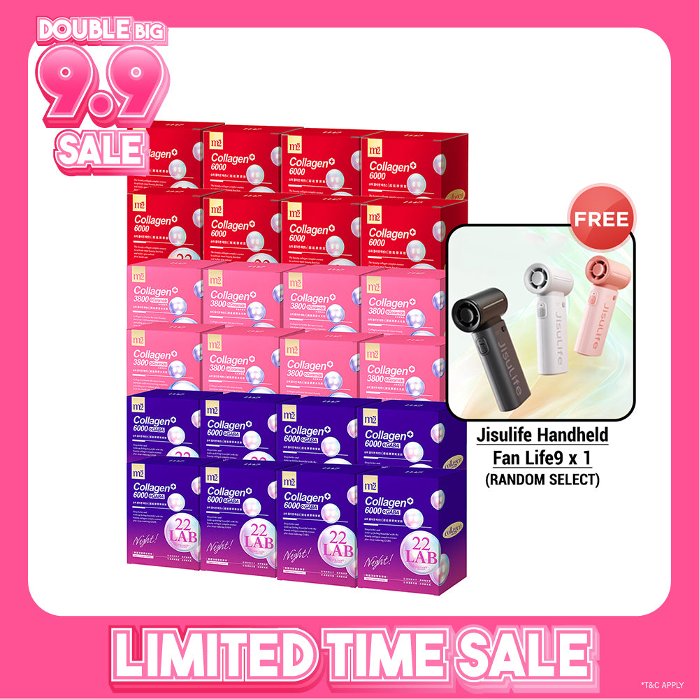 M2 22Lab Super Collagen Drink (6000mg 8s / Night + Gaba 8s / 3800+Ceramide 8s / 3800+Pearl Nest 8s) x 24 Boxes + Free Jisulife Handheld Fan Life9 x 1 (Random Select)