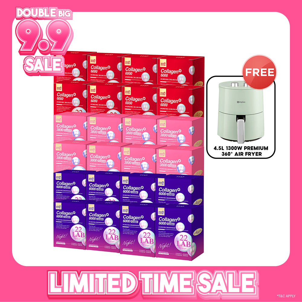 M2 22Lab Super Collagen Drink (6000mg 8s / Night + Gaba 8s / 3800+Ceramide 8s / 3800+Pearl Nest 8s) x 24 Boxes + FREE 4.5L 1300W Premium 360° Air Fryer × 1