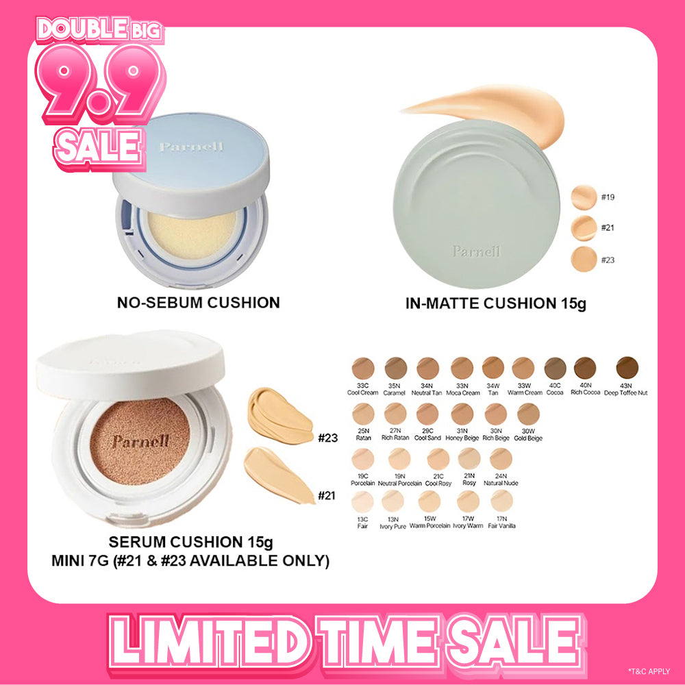 Parnell Glacial Biome Water No-Sebum Cushion 10g / Cicamanu Serum Cushion 15g (27 shades) / In-Matte 15g (3 shades)