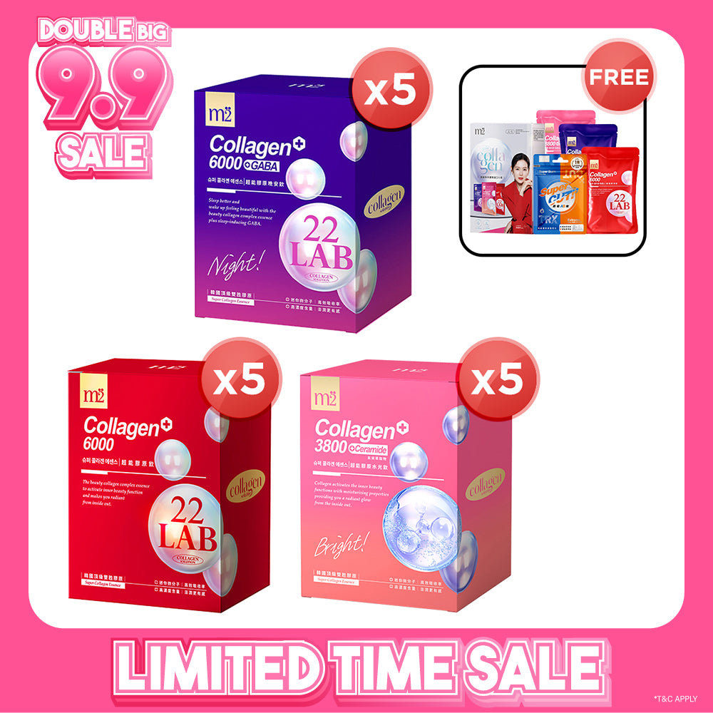 【Bundle Of 5】M2 22Lab Super Collagen Drink 8s (6000mg Drink 8s / Drink+GABA 8s / 3800 + Ceramide Drink 8s / 3800 +Pearl Nest 8s) + FREE M2 Slim+ Booster EX x 6 tablets + Firm ABS EX x 6 tablets + FREE Collagen Drink Trial Set