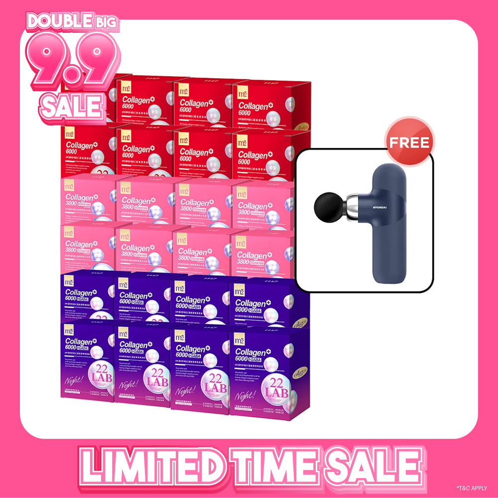 M2 22Lab Super Collagen Drink (6000mg 8s / Night + Gaba 8s / 3800+Ceramide 8s / 3800+Pearl Nest 8s) x 24 Boxes + Free Hyundai PMS-019 Mini Massage Gun