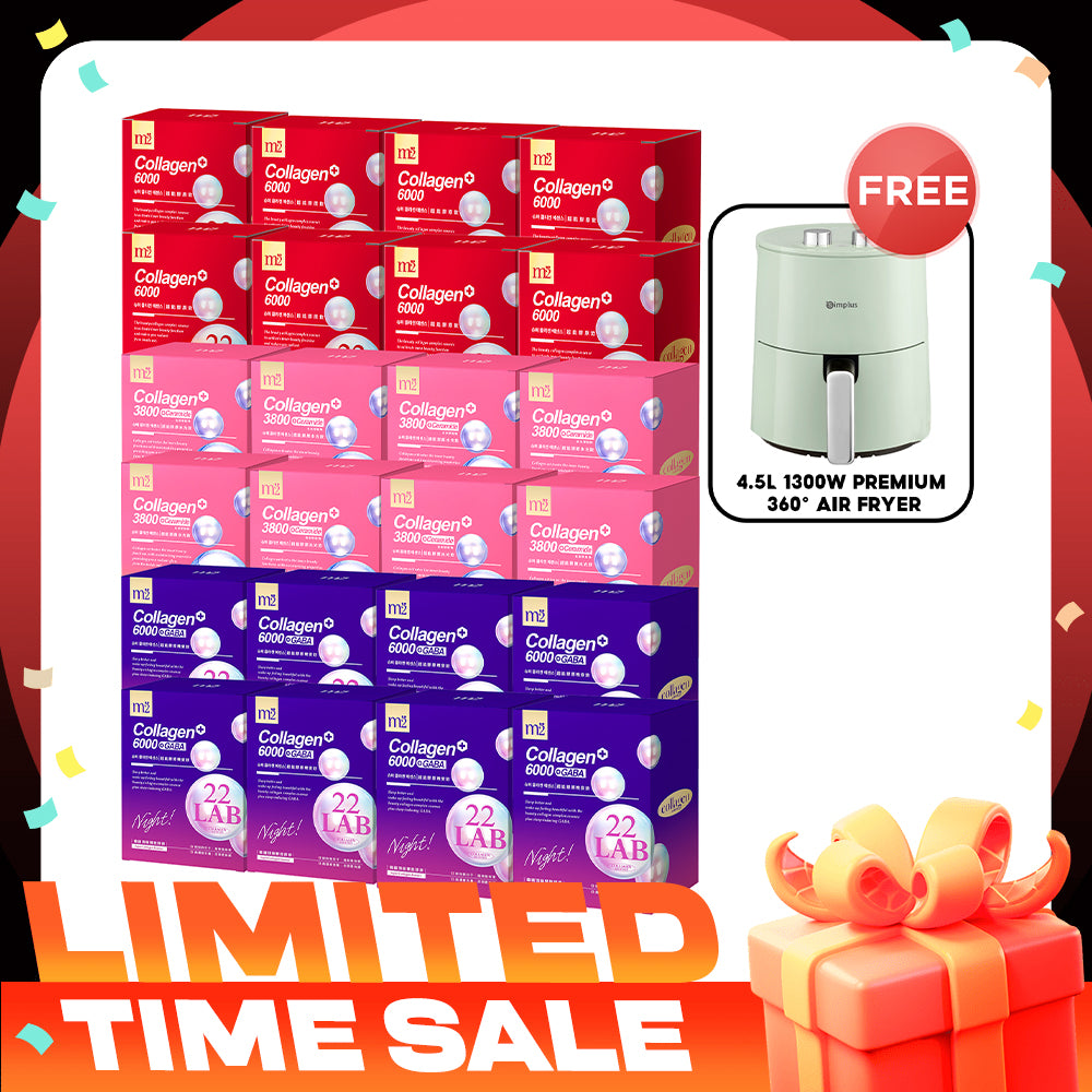 M2 22Lab Super Collagen Drink (6000mg 8s / Night + Gaba 8s / 3800+Ceramide 8s / 3800+Pearl Nest 8s) x 24 Boxes + FREE 4.5L 1300W Premium 360° Air Fryer × 1