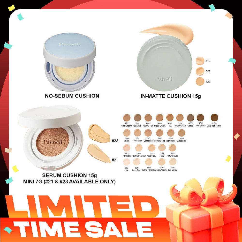 Parnell Glacial Biome Water No-Sebum Cushion 10g / Cicamanu Serum Cushion 15g (27 shades) / In-Matte 15g (3 shades)