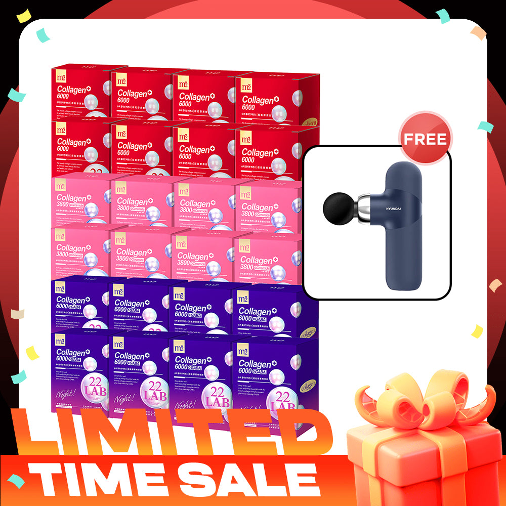 M2 22Lab Super Collagen Drink (6000mg 8s / Night + Gaba 8s / 3800+Ceramide 8s / 3800+Pearl Nest 8s) x 24 Boxes + Free Hyundai PMS-019 Mini Massage Gun