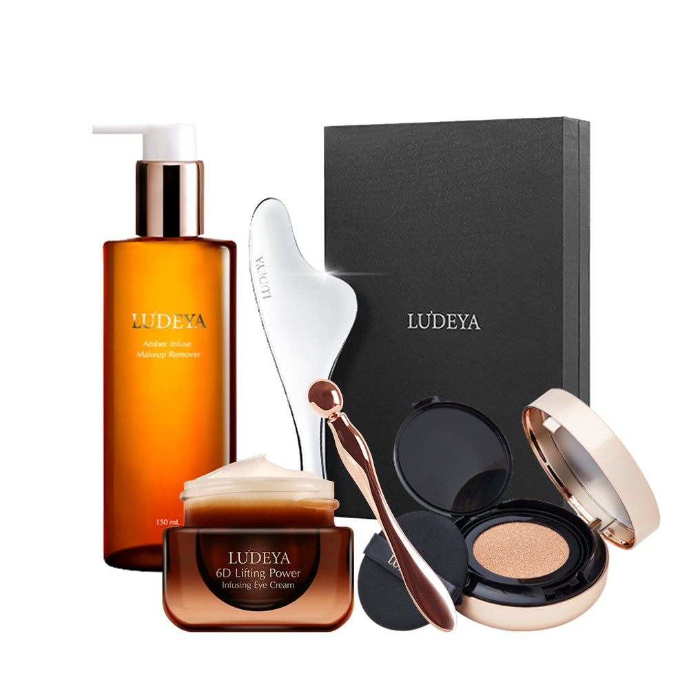 Ludeya 2nd Generation Microcurrent Lifting Massaging Poller + Amber Infuse Makeup Remover 150ml + 6D Lifting Power Infusing Eye Cream 15ml + Ludeya 3 in 1 Micro Needle Radiance Cushion SPF 35 (Natural / Lightening)