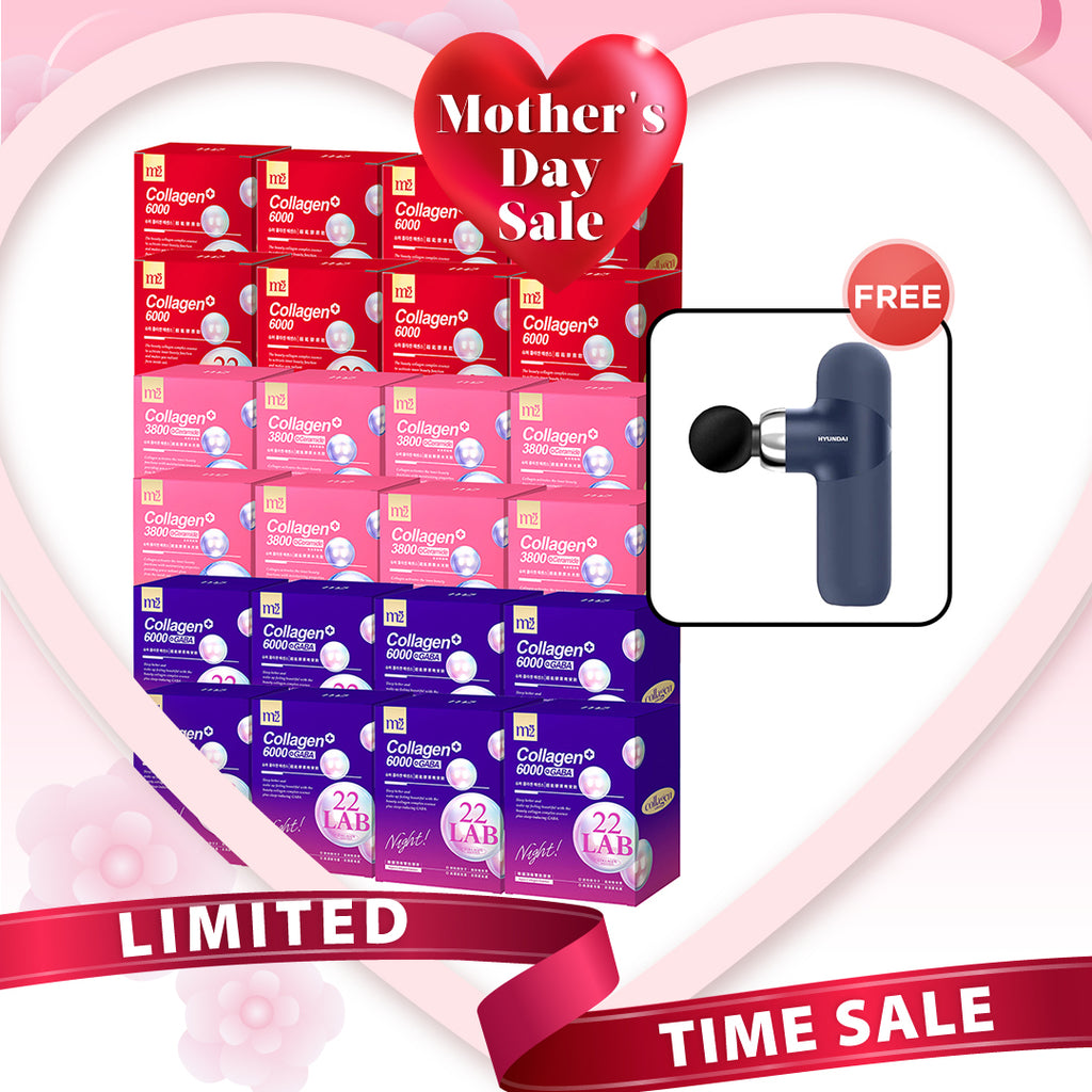 【Bundle of 24】M2 22Lab Super Collagen Drink (6000mg 8s / Night + Gaba 8s / 3800 + Ceramide / 3800+Pearl Nest 8s) x 24 Boxes + Free Hyundai PMS-019 Mini Massage Gun