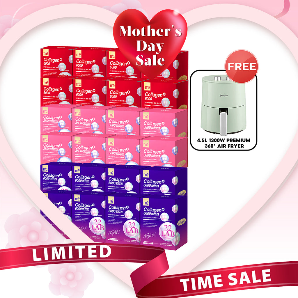 【Bundle of 24】M2 22Lab Super Collagen Drink (6000mg 8s / Night + Gaba 8s / 3800 + Ceramide / 3800+Pearl Nest 8s) x 24 Boxes + FREE 4.5L 1300W Premium 360° Air Fryer × 1