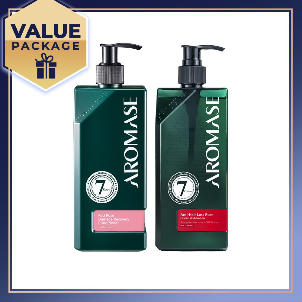 【Bundle of 2】AROMASE Anti-Hair Loss Rose Essential Shampoo 400ml + Aromase Red Rose Damage Recovery Conditioner 400ml