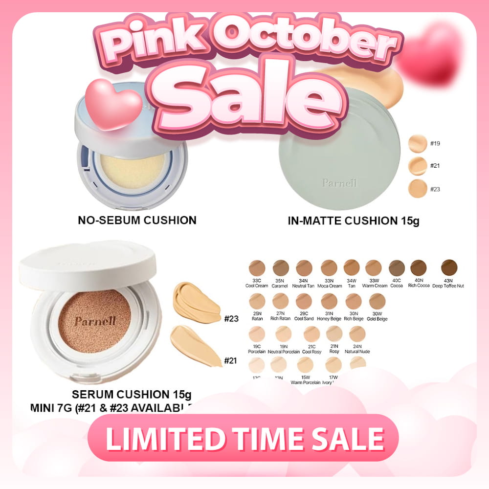 Parnell Glacial Biome Water No-Sebum Cushion 10g / Cicamanu Serum Cushion 15g (27 shades) / In-Matte 15g (3 shades)
